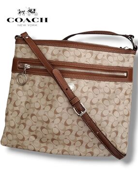 Coach Signature Canvas Chelsea File Crossbody Bag F17120 Tan Brown Leather Trim